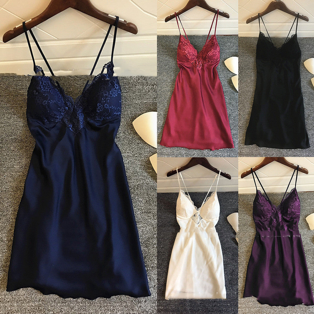 A collage of women's satin lingerie in various colors including purple, black, white, red, and blue, featuring a similar design with elastic satin fabric and chest pads.