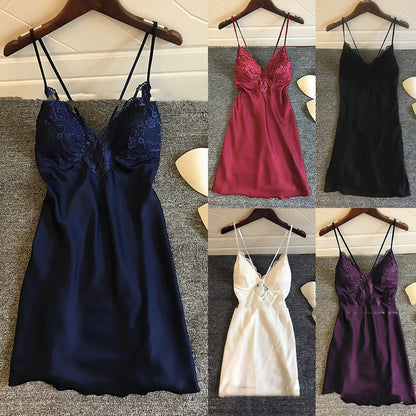 A collage of women's satin lingerie in various colors including purple, black, white, red, and blue, featuring a similar design with elastic satin fabric and chest pads.
