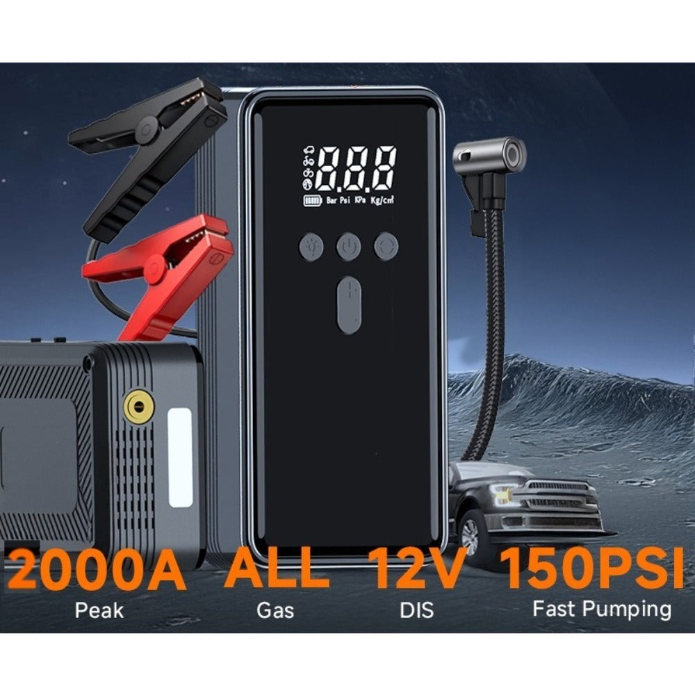 A black portable car battery starter with air compressor featuring a digital display, and additional accessories such as jumper cables and a hose for tire inflation.