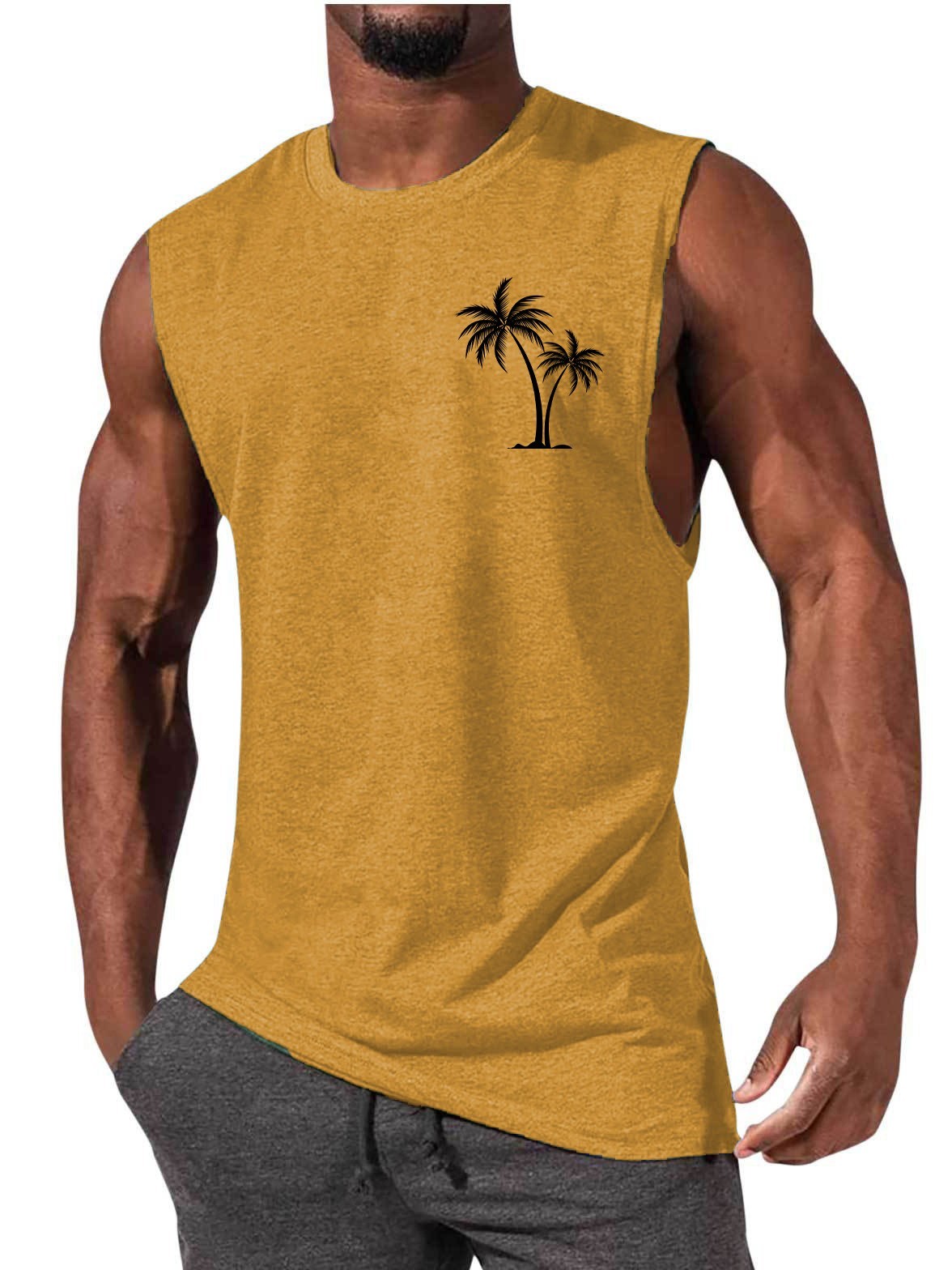 Men's Coconut Tree Embroidery Beach Tank Top – Summer Muscle Workout Shirt