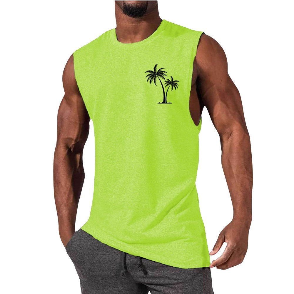 Men's Coconut Tree Embroidery Beach Tank Top – Summer Muscle Workout Shirt