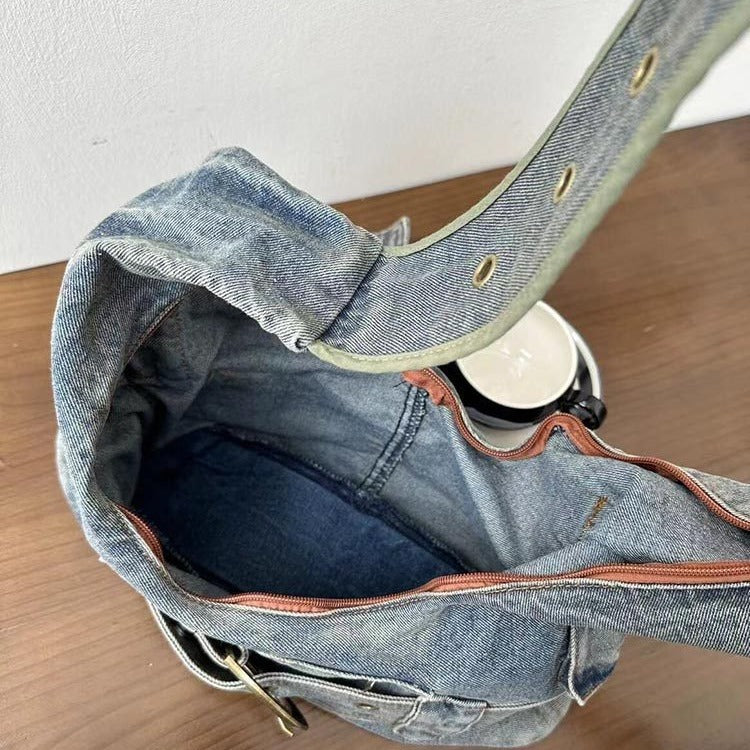 Women's Vintage Washed Denim Shoulder Bag – Large Retro Tote Purse