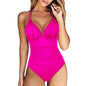 A collage of six swimsuits in various colors: black, pink, green, red, purple, and blue, each with a halter neck design.