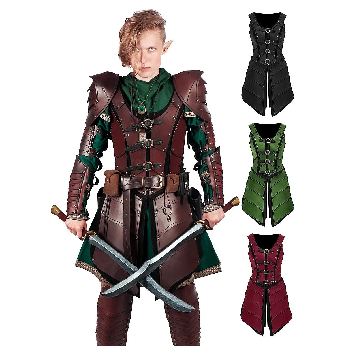 A person in a medieval elf warrior costume with options for different color variations displayed alongside.