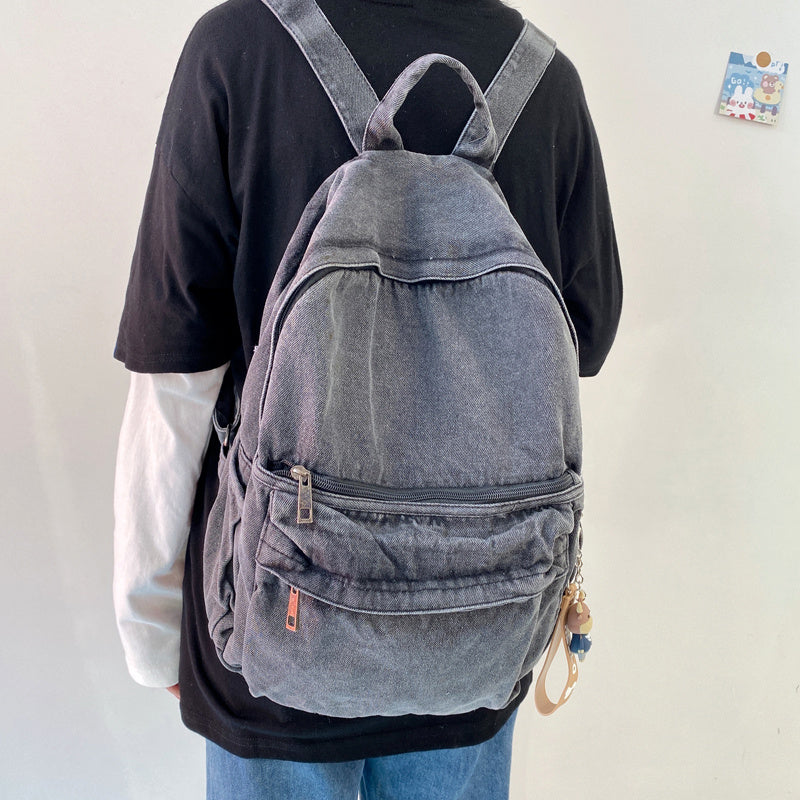 Washed Denim Backpack – Minimalist Canvas Shoulder Bag in Blue & Grey