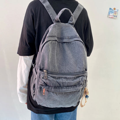 Washed Denim Backpack – Minimalist Canvas Shoulder Bag in Blue & Grey