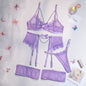 A woman modeling a pink lingerie set which includes a bra, panties, and garter straps.