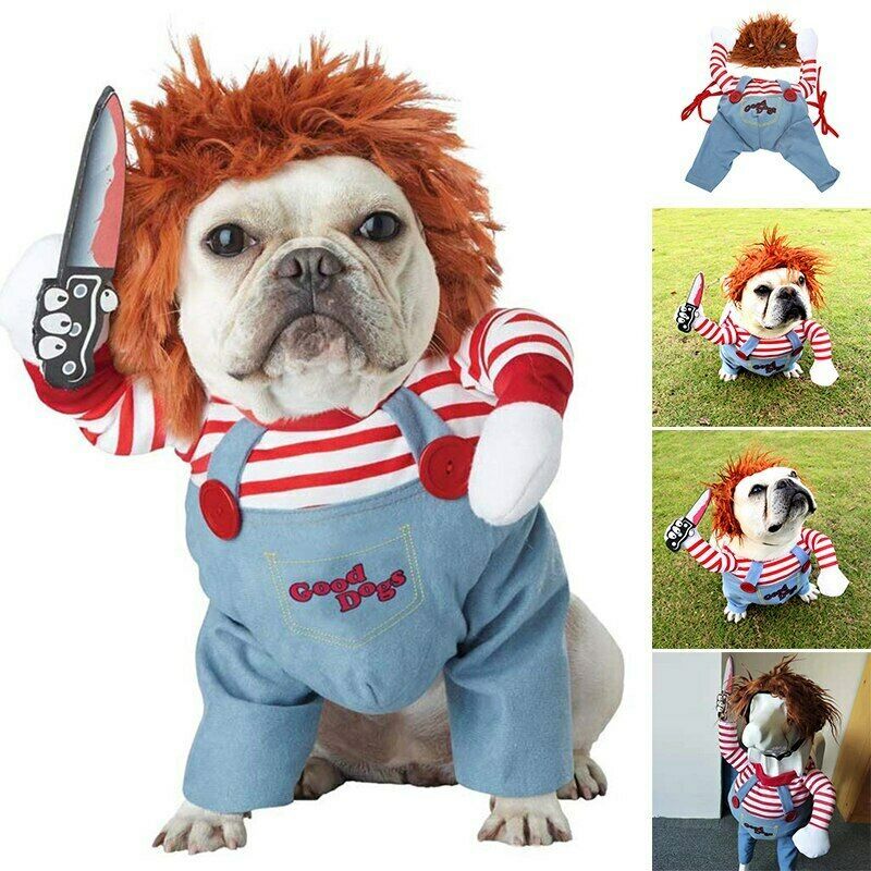 A dog dressed in a Halloween costume resembling a famous horror character, complete with a red and white striped shirt, a denim overall, and a brown wig.