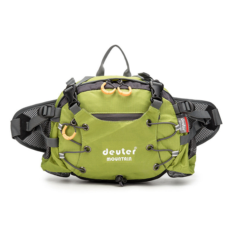 A green Deuter mountain waist bag with multiple compartments and adjustable straps.