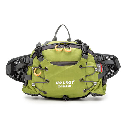 A green Deuter mountain waist bag with multiple compartments and adjustable straps.