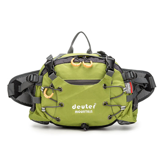 A green Deuter mountain waist bag with multiple compartments and adjustable straps.