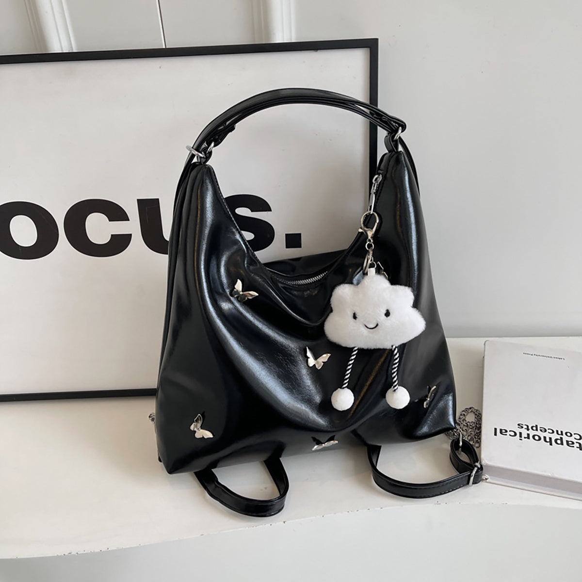 Women's Small Butterfly Hobo Bag – Vegan-Friendly Imitation Leather Shoulder Purse with Chain & Cloud Charm