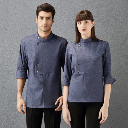 A male and a female model wearing gray chef overalls with three-quarter sleeves, standing against a gray background.