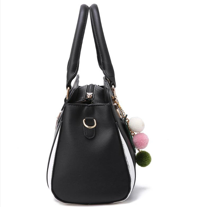Women's Color Block Satchel Handbag – Large PU Leather Shoulder Bag with Pom-Pom Charm