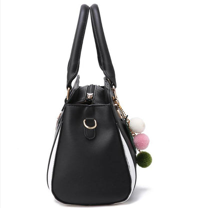 Women's Color Block Satchel Handbag – Large PU Leather Shoulder Bag with Pom-Pom Charm