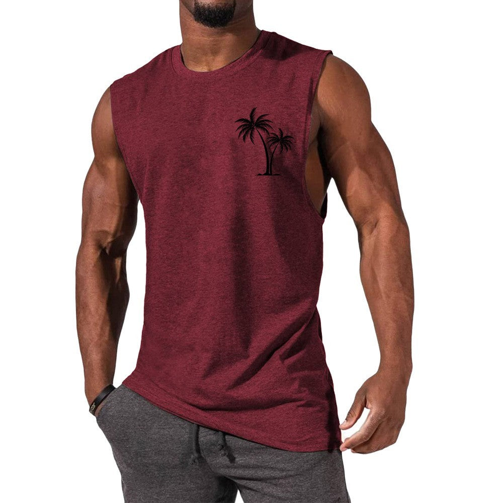 Men's Coconut Tree Embroidery Beach Tank Top – Summer Muscle Workout Shirt