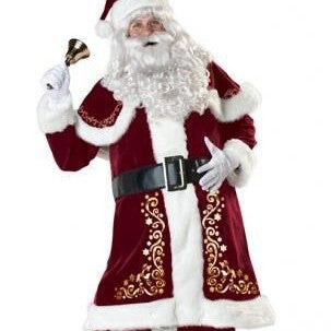 A person dressed in a couples' Santa Claus costume with a red and white color scheme, featuring gold accents, a belt, hat, and gloves.