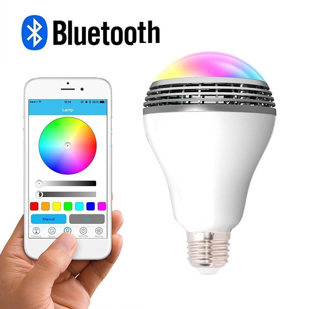 A hand holding a smartphone with a Bluetooth connection symbol, alongside a multicolored LED smart bulb light.