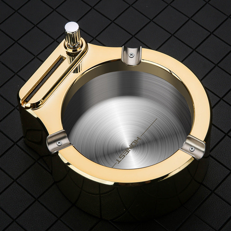 Metal Ashtray with Built-In Permanent Match Lighter – 10,000 Strike Reusable Flint