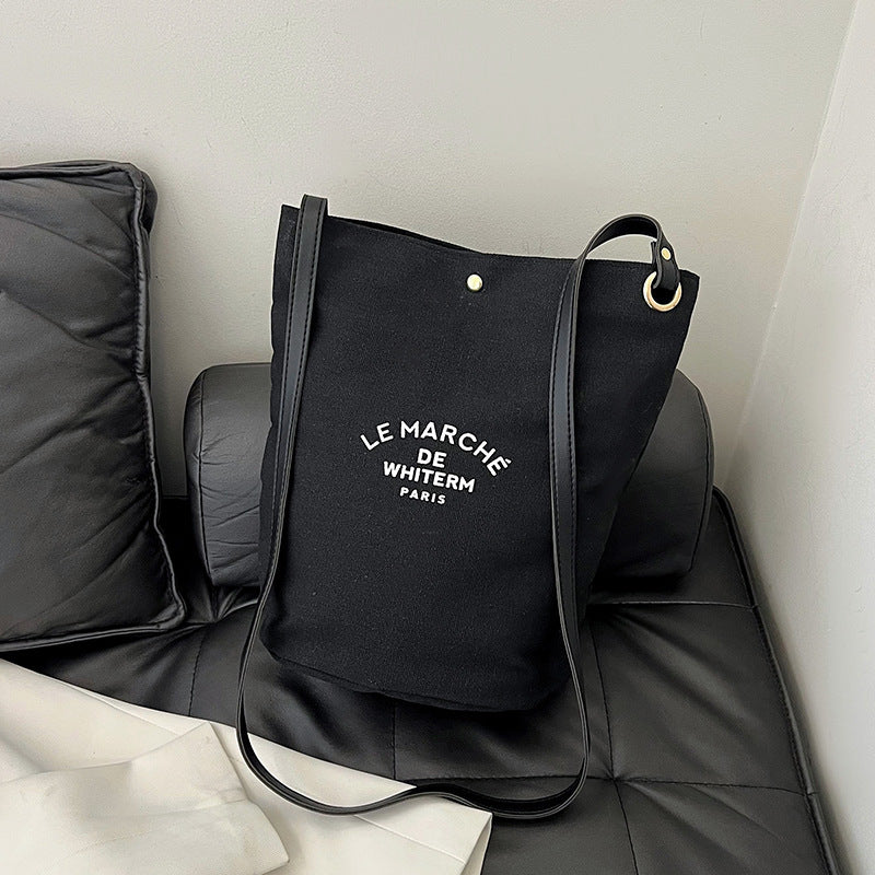 Women's Canvas Bucket Shoulder Bag – Minimalist Letter Print Crossbody Purse