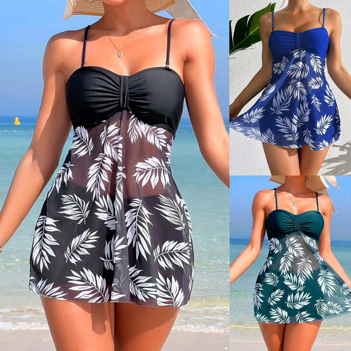 Three swimsuits with high-waisted split boxers featuring leaf patterns in black, blue, and green colors, modeled on a beach setting.