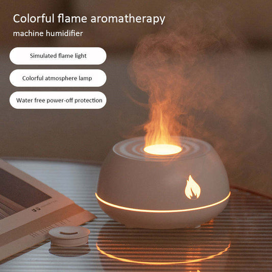 An aromatherapy machine humidifier with colorful flame light, double function as an atmosphere lamp, with USB power source.