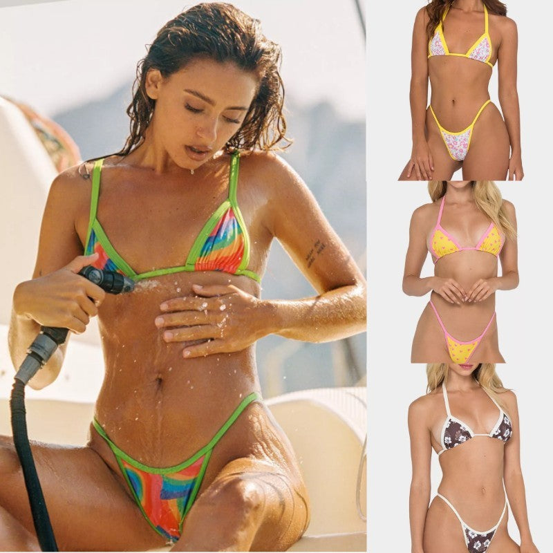 This image features a collection of female split digital print bikini sets available in various vibrant colors, including yellow, green, pink, and white. Each bikini set includes a top with a tied design and a split bikini bottom, highlighting a modern and playful style.