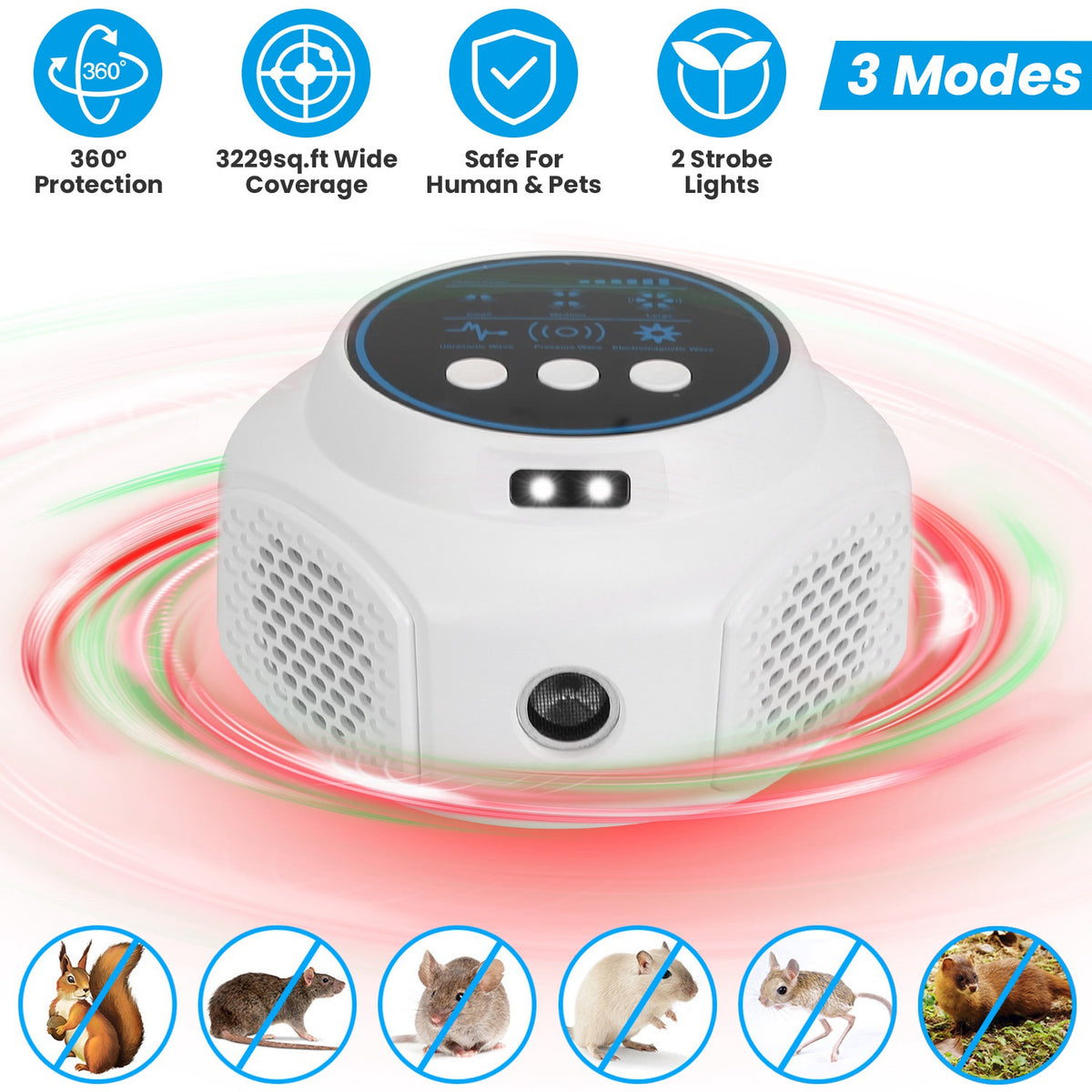 White electronic device with red lights and pest control features on a white background