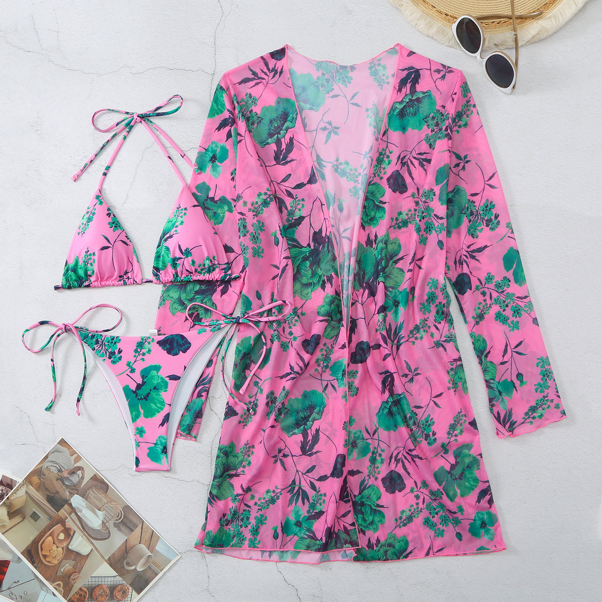 Women's Printed Mesh Three-Piece Swimsuit Set | Floral Bikini & Cover-Up