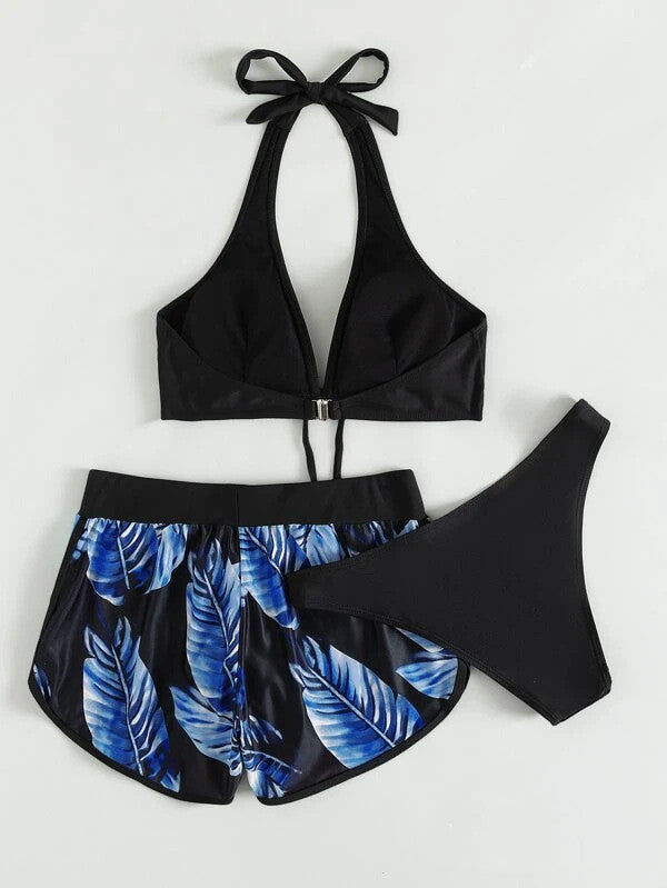 Women's 3-Piece Bikini Set with Shorts – Printed Summer Beach Swimsuit