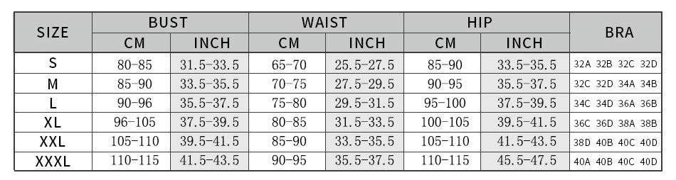 Clothing size chart with bust, waist, and hip measurements in both centimeters and inches.