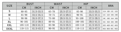 Clothing size chart with bust, waist, and hip measurements in both centimeters and inches.