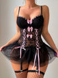 Underwire Push-Up Sheer Mesh Bow Lingerie 3-Piece Set