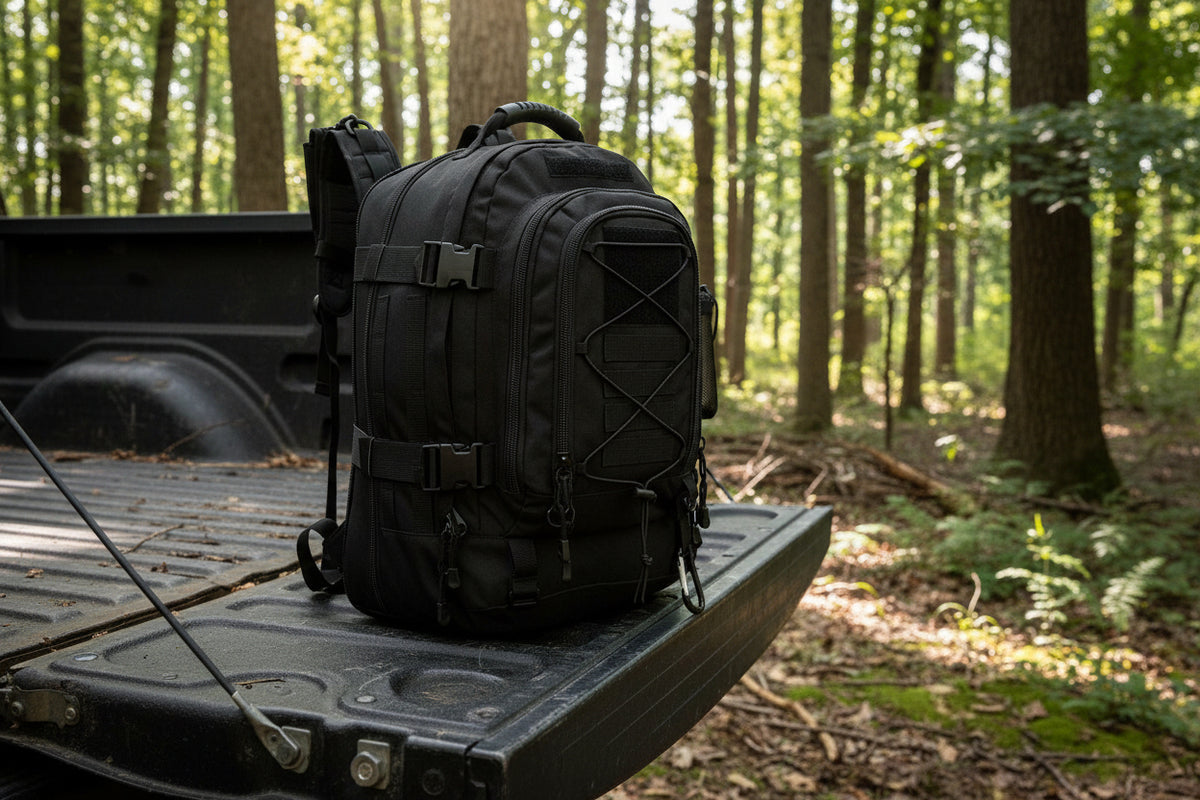 A large black tactical backpack with multiple straps and external pockets, designed for mountaineering and hiking.