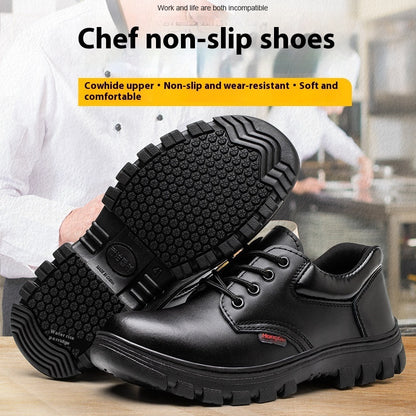 A pair of black cowhide leather non-slip chef shoes with a man standing in the background.