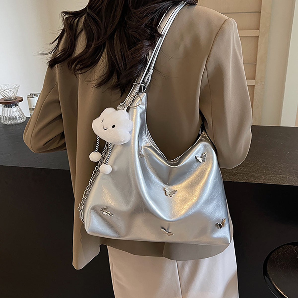 Women's Small Butterfly Hobo Bag – Vegan-Friendly Imitation Leather Shoulder Purse with Chain & Cloud Charm