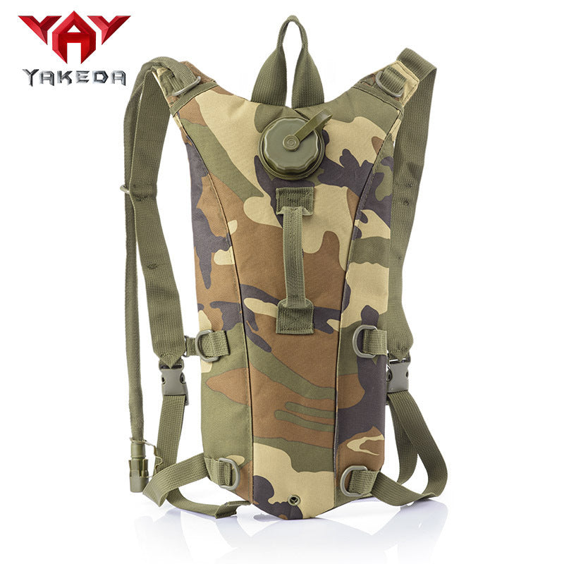 A camouflage tactical water bag designed for outdoor activities, featuring adjustable straps and a top-mounted hose.