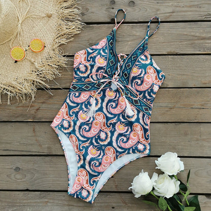 Women's Deep V Tie One-Piece Swimsuit | Floral Print