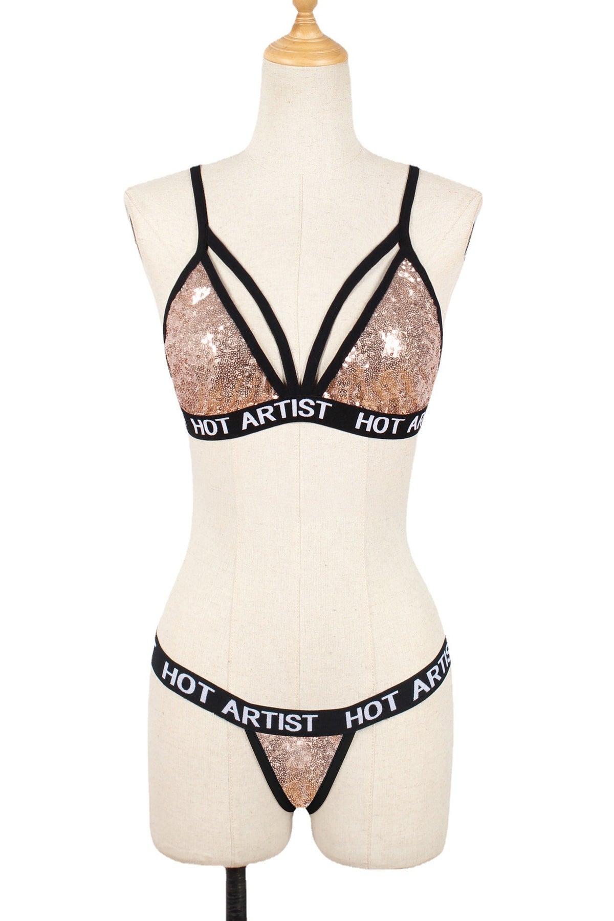 Women's Faux Fur Sequin Lingerie Set | Bra & Panty | Black & Silver