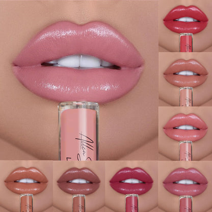 A collage of various lip colors, with the top image showing an open tube of lip gloss and a lip applicator. The other images show different shades of lip gloss applied to lips.