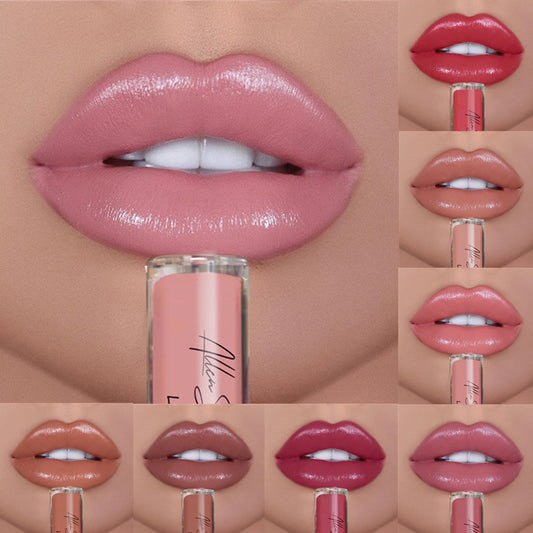 A collage of various lip colors, with the top image showing an open tube of lip gloss and a lip applicator. The other images show different shades of lip gloss applied to lips.