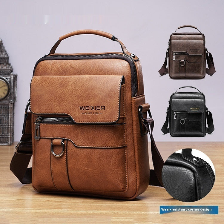 A collage of three men's messenger bags in brown and black colors, showcasing the front view with a focus on the brand 'WEISIER'. The bags feature a shoulder strap, a flap closure, and a front zipper pocket.
