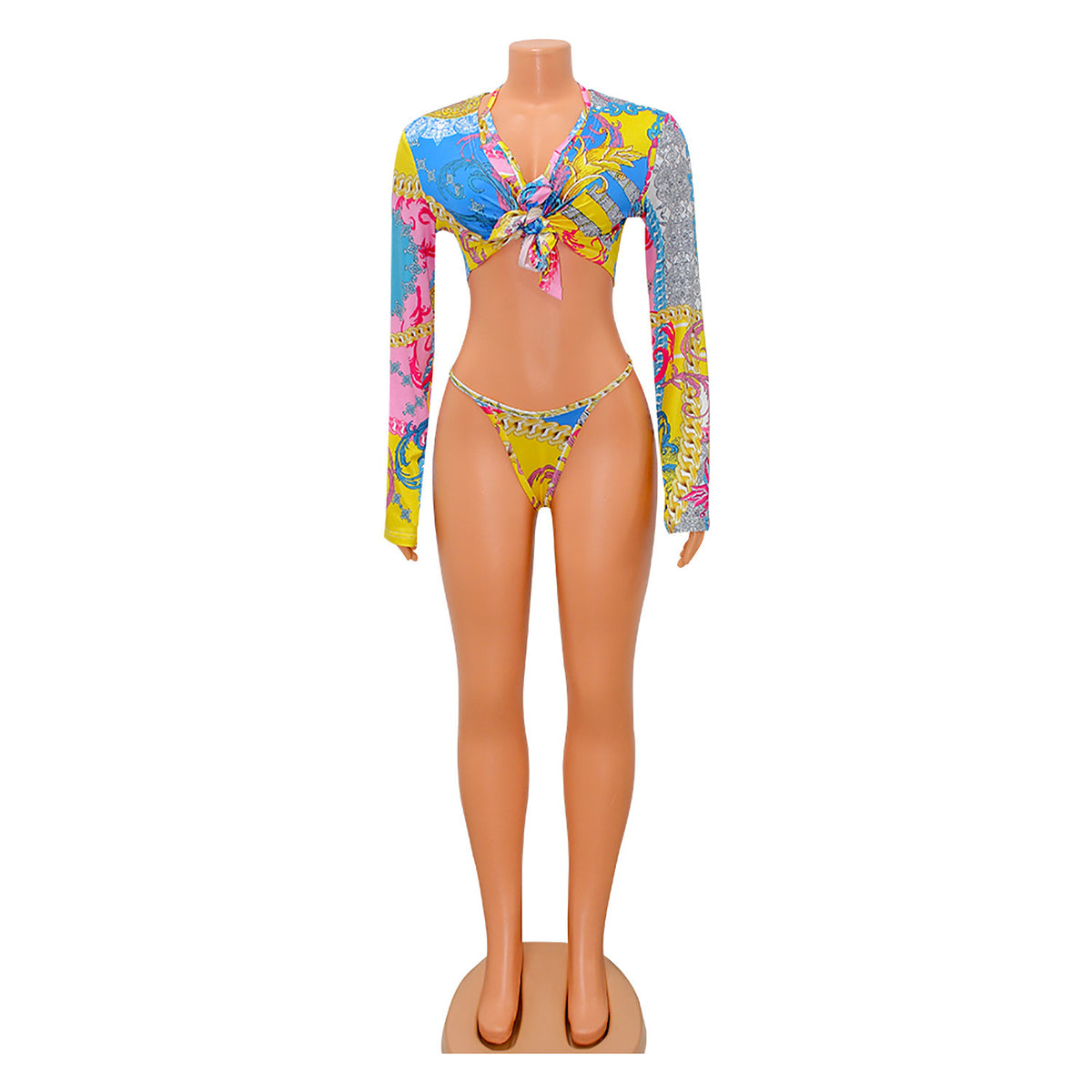 Women's Print Lace-Up Three-Piece Bikini Set | Long Sleeve Cover-Up