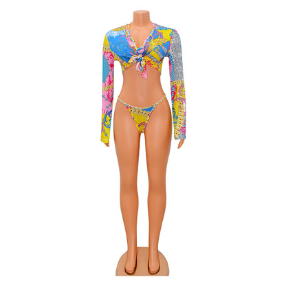 Women's Print Lace-Up Three-Piece Bikini Set | Long Sleeve Cover-Up