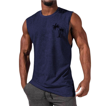 Men's Coconut Tree Embroidery Beach Tank Top – Summer Muscle Workout Shirt
