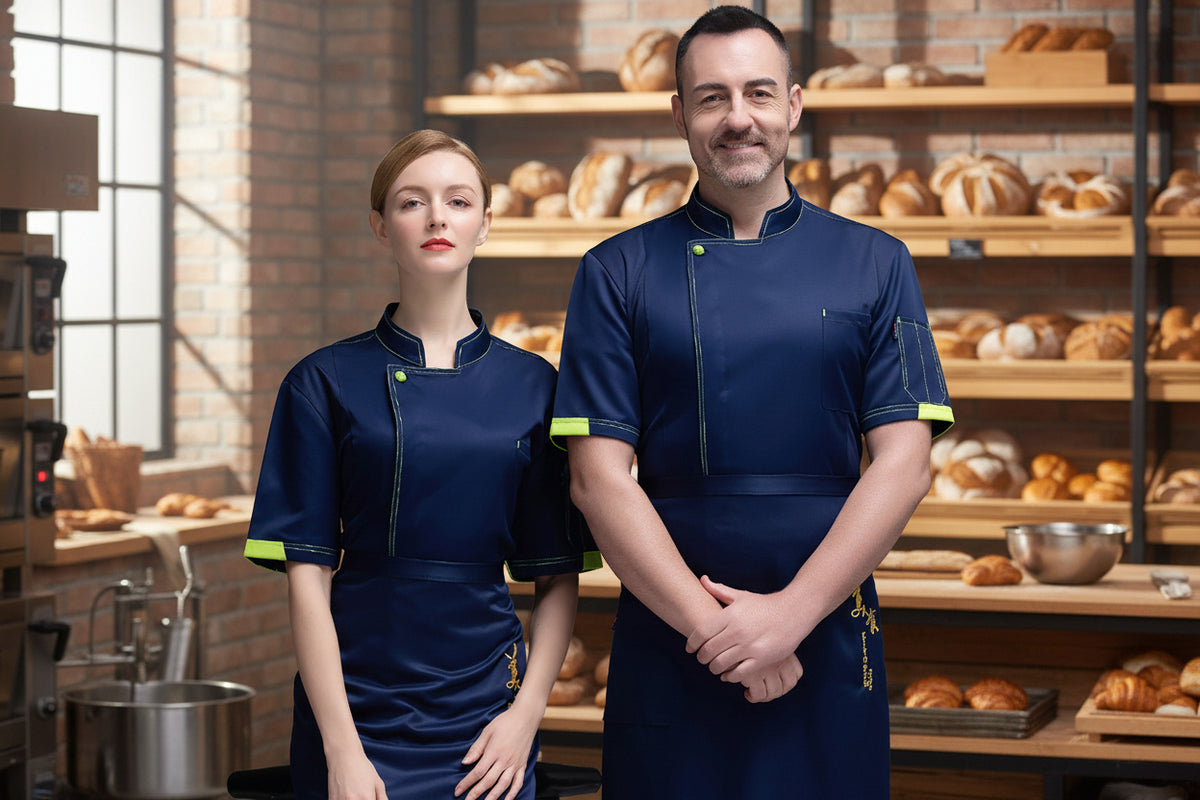 A male and a female model wearing dark blue short sleeve chef uniforms with yellow accents.