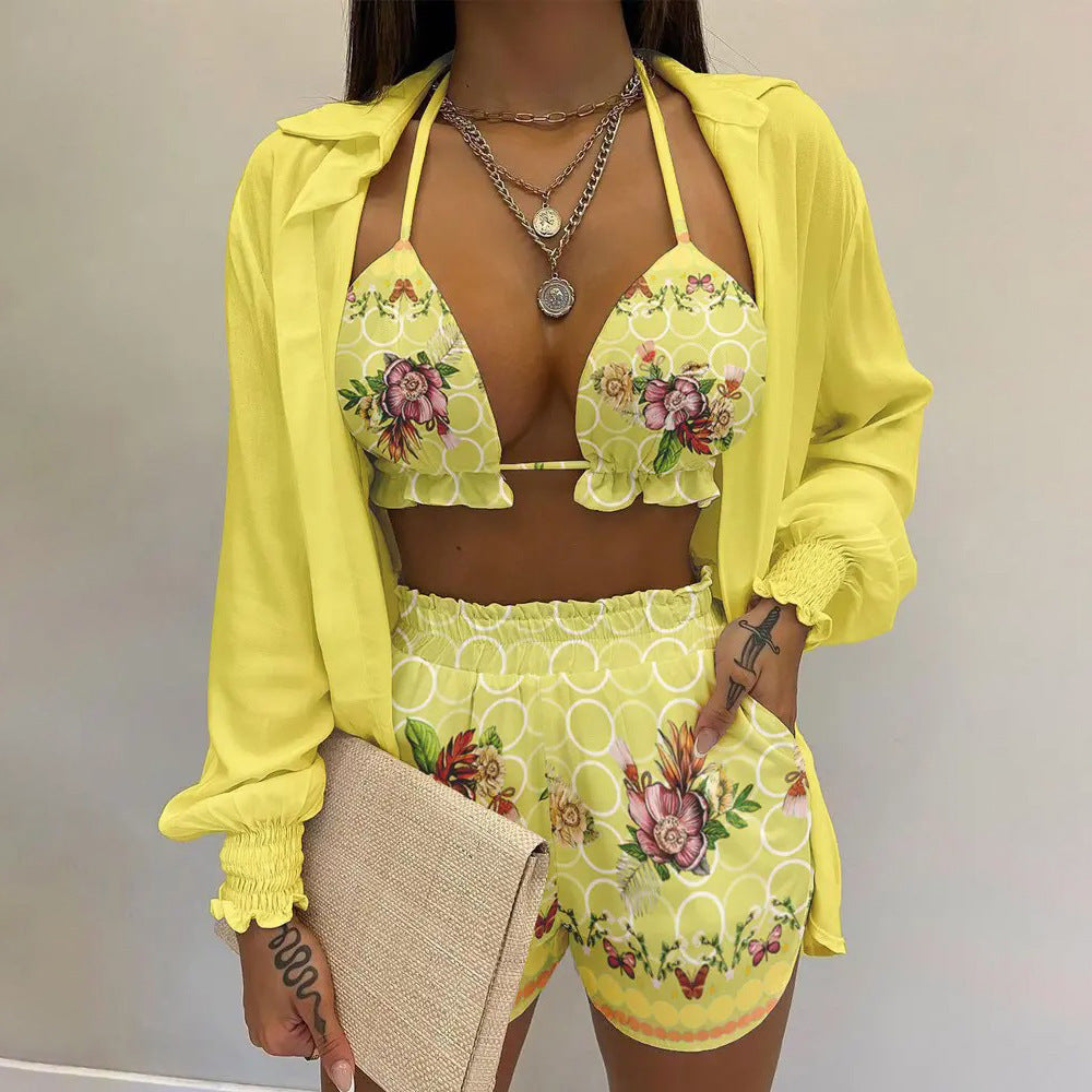Women's Printed Three-Piece Bikini Set | Long Sleeve Cover-Up Swimsuit