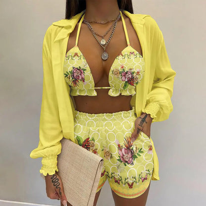 Women's Printed Three-Piece Bikini Set | Long Sleeve Cover-Up Swimsuit