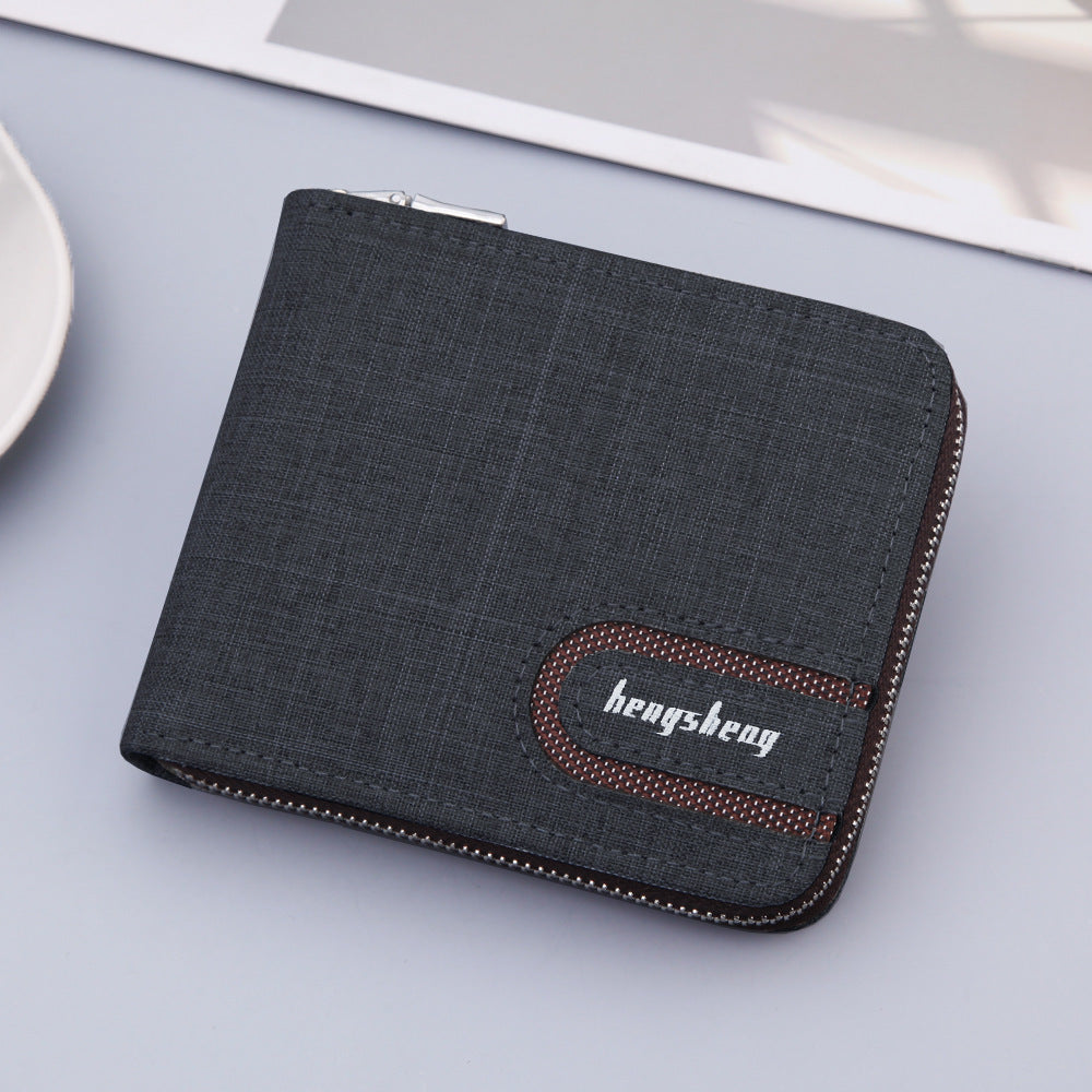 Men’s Canvas Bifold Wallet – Retro Zip Multi-Compartment Card & Cash Organizer