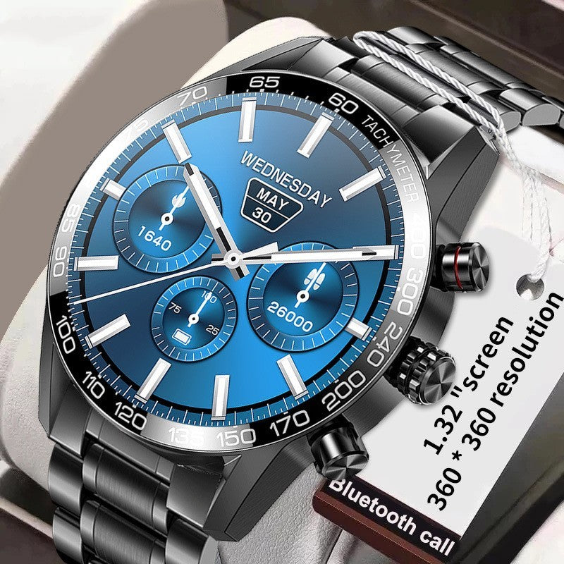A men's smart watch with a blue dial, stainless steel band and case, and a digital LED screen displaying time and date.